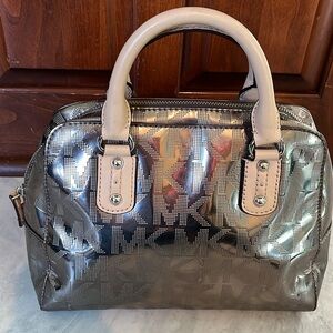 Michael Kors  Metallic silver satchel  Beige leather trim  exterior back pocket